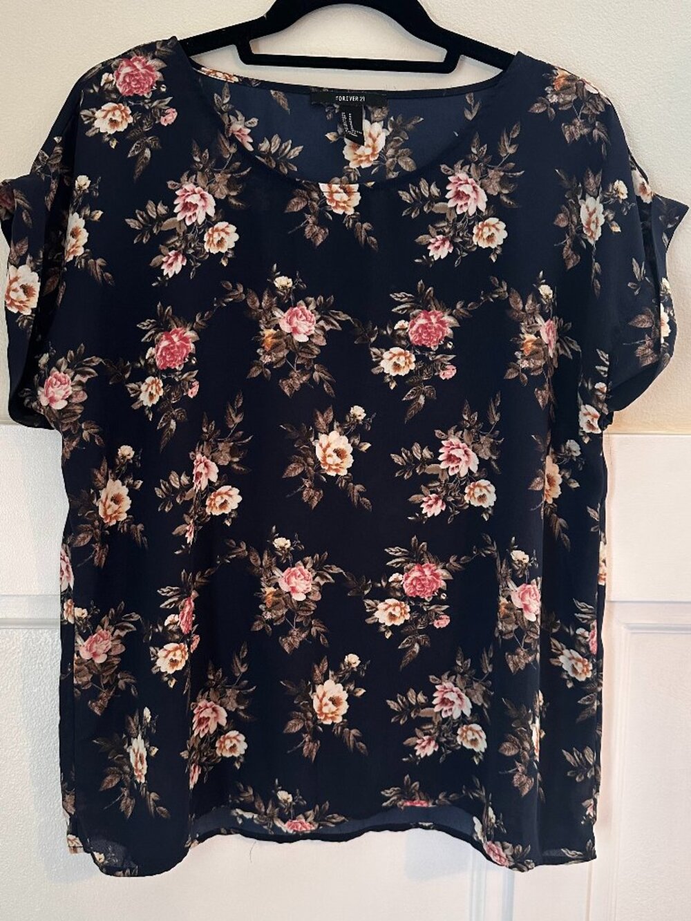 Forever 21 Navy Blue and Pink Floral Shirt